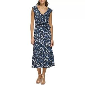 NWT DKNY Womens Navy Multi Sleeveless V Neck Floral Midi Dress Size 6